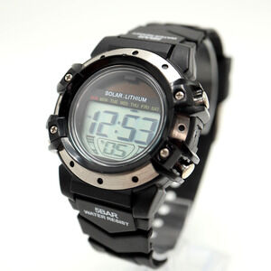 Solar Lithium Black Sport Digital Watch 45mm Backlight Chrono w New Battery